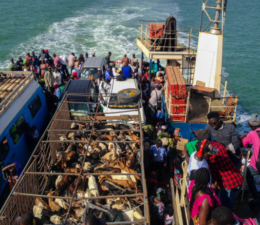 Over de Gambia rivier van Banjul naar Barra Barra banjul veerpont Gambia