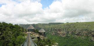 Met knikkende knieën over de hangbrug in de Oribi kloof Oribi kloof Zuid-Afrika hangbrug